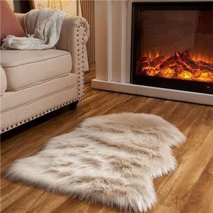 Faux Fur Sheepskin Rug Beige Home Area Rug for Bedroom, Fluffy Small Fur Rug